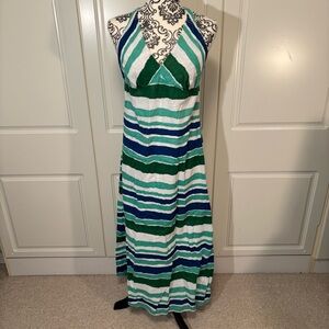 Old Navy Green Blue Aqua & White Lined Halter Maxi Dress Linen/Cotton size large